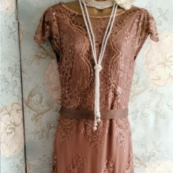 strapless open back dress Vrane Pink Guipure-lace Midi Dress, S / Pink